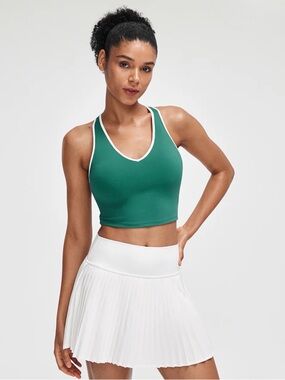 Green Cropped V neck Racerback Sports Tank with White Trim with built in bra